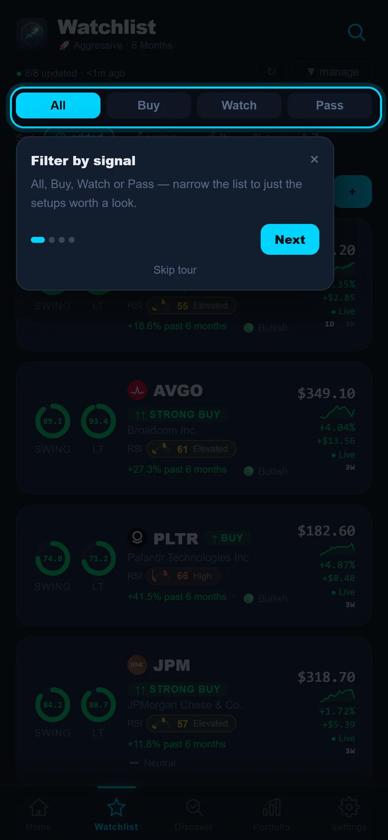 Guided tour on the Watchlist screen